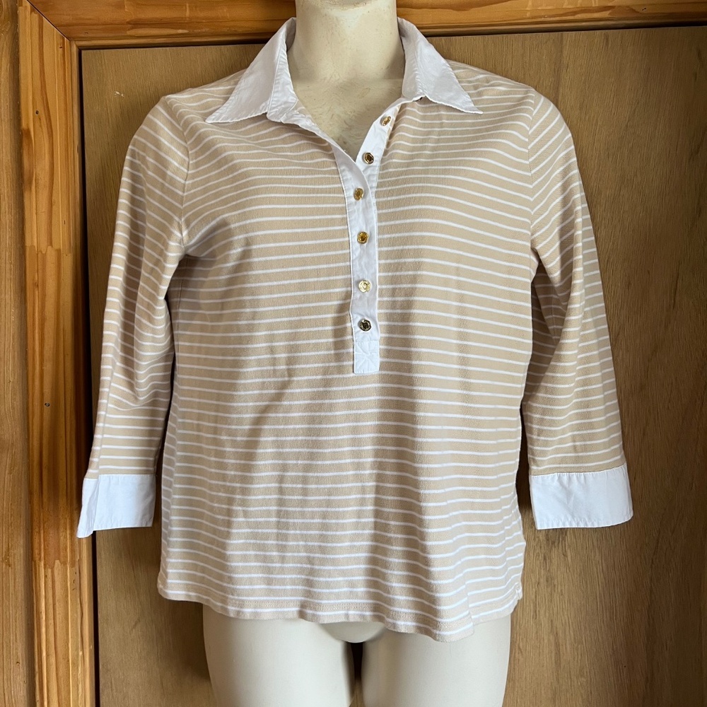 Ralph Lauren Gold & White Striped 3/4 Sleeve Polo Popover – XL